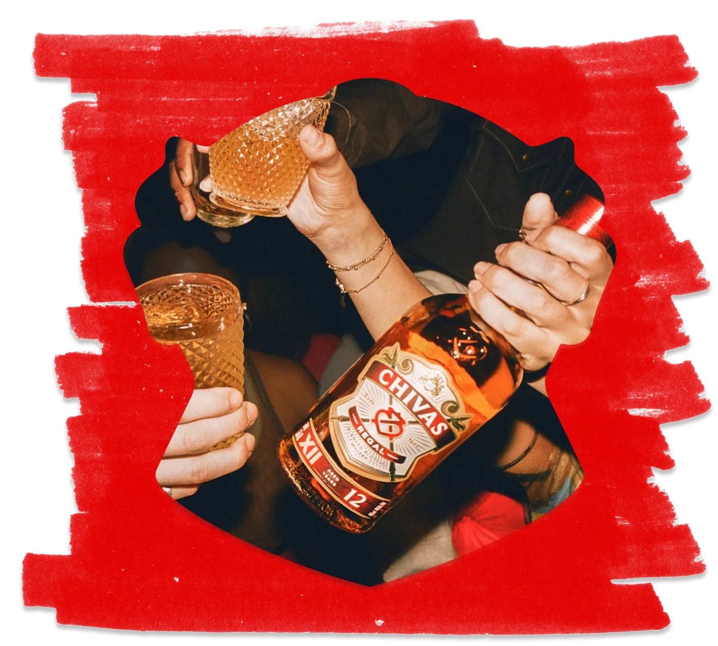 A bottle of Chivas Regal and hands holding whisky glasses against a red textured background.