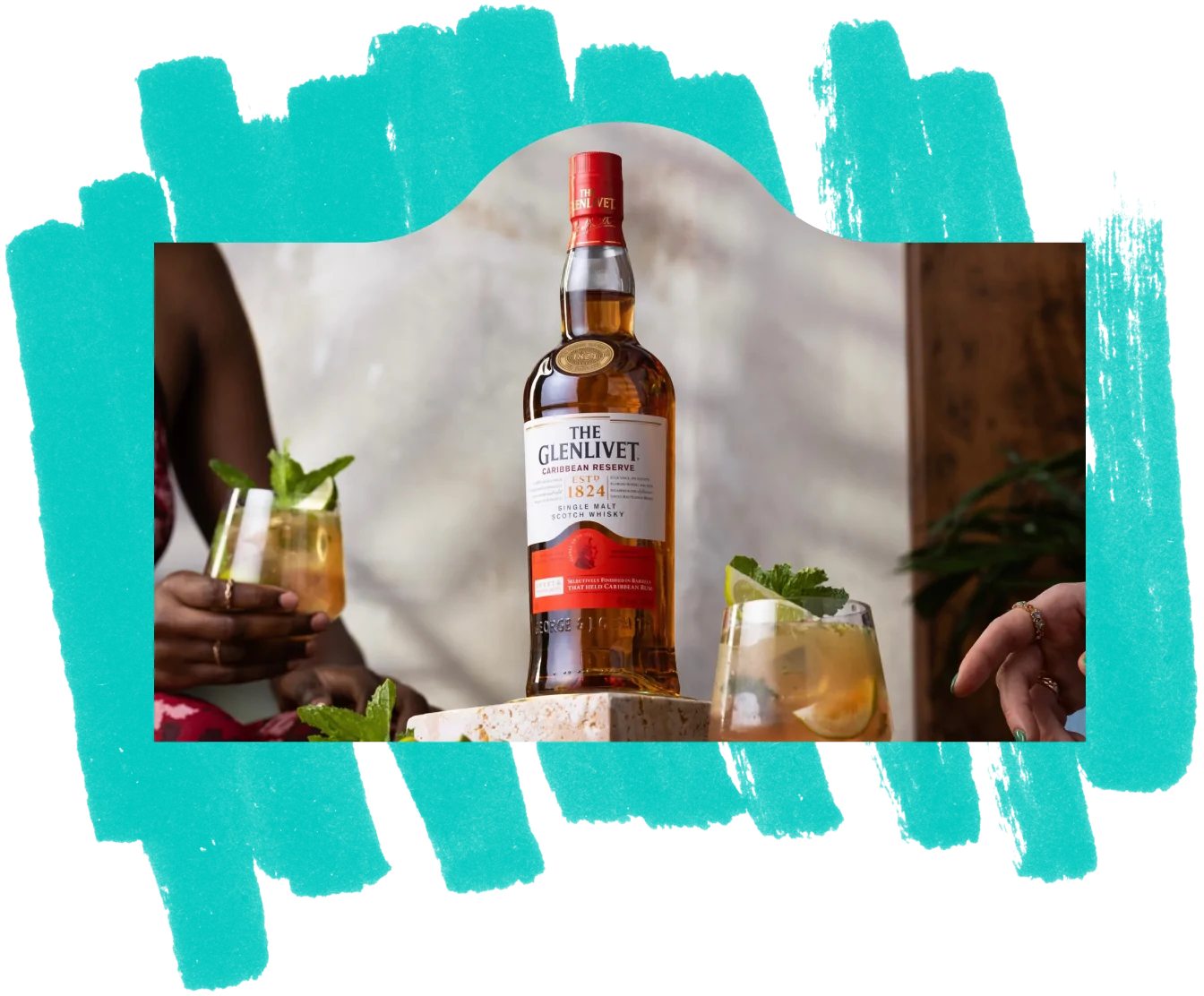 A bottle of The Glenlivet and glasses against a turquoise textured background.